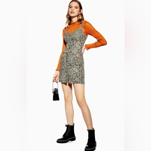 TOPSHOP Denim Snake Print Bodycon Dress Button Front Size 6 - Picture 1 of 12